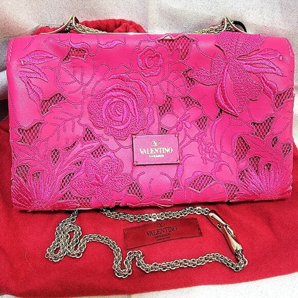 Rare VALENTINO Napa Lace Girello Flap Bag in Fuschia - Picture 3 of 16